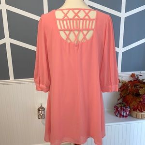 Coral lattice detail back mini dress